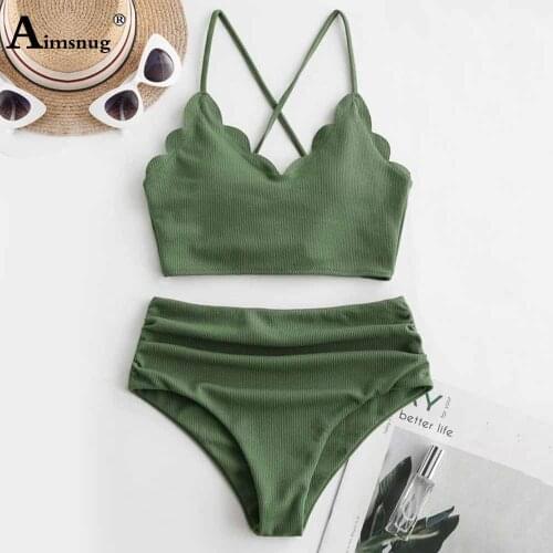 Women Bikini Sets Knitted Swimsuit Sexy Femme Push Up Two Pieces Swimwear Bandage Crop TOP 2021 Ripped Bathing Suits Green Black