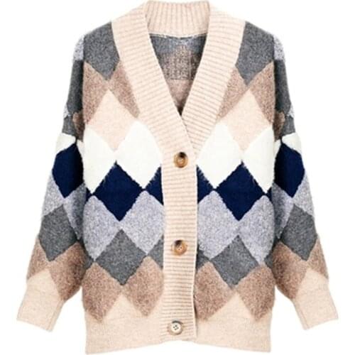 100%hand made acrylic polyester blend thick knit women Vneck argyle loose single breasted cardigan sweater camel color S-L