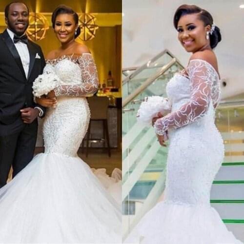 Mermaid Wedding Dresses Off Shoulder Illusion Lace Beads Long Sleeves Open Back Court Train African Black Girl Bridal Gowns