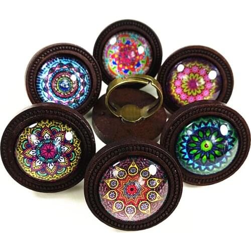 24pcs/lot Log, dark brown Wood Cabochon Ring Base with Mandala Photo Glass Cabochon the Ethnic Style of Retro Style ring