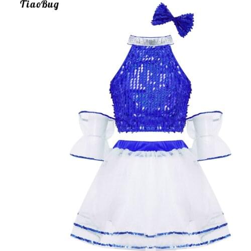 TiaoBug Kids Girls Performance Dancewear Costume Sets Loop Collar Sequins Crop Top With Mesh Tutu Skirt Bowknot Hairpin Bracelet