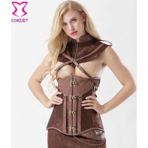Sexy Brown Gothic Steampunk Bustless Brocade Printed Victorian Button Back Lace Up Corsets & Bustiers With Jacket Front Zipper