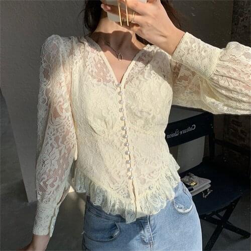 Alien Kitty Apricot Lace Shirt Slim-Fit Princess Sexy Retro OL Plus Size 2021 V-Neck Autumn Femme Bottoming Casual Vintage Tops
