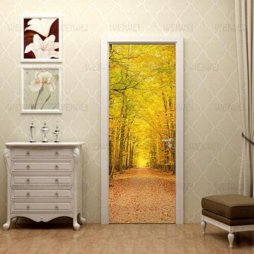 Yellow Leaves Street Home Decoration Door Stickers Bedroom Autumn Scenery Living Room Door Decals Self-Adhesive Fallen Leaves