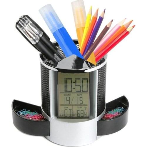 Office LCD Alarm Clock Time Temperature Display Pen Pencil Holder Desk Organizer