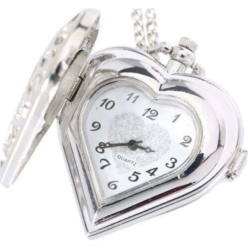 Hollow Quartz Heart Shaped Pocket Watch Necklace Pendant Chain Clock Women Gift XIN-Shipping