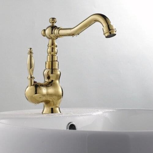 Luxury Polished Gold Kichen Bathroom Faucet Vessel Sink Basin Swivel Mixer Tap Single Hole Single Handle Deck Mount