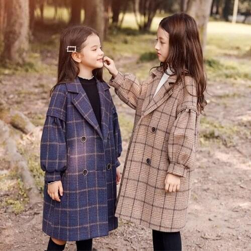 Girls Spring And Autumn Thickened Outer Fashion Plaid Pattern Long Woolen Coat Button Long Cardigan Windbreaker 4-14 Years Old