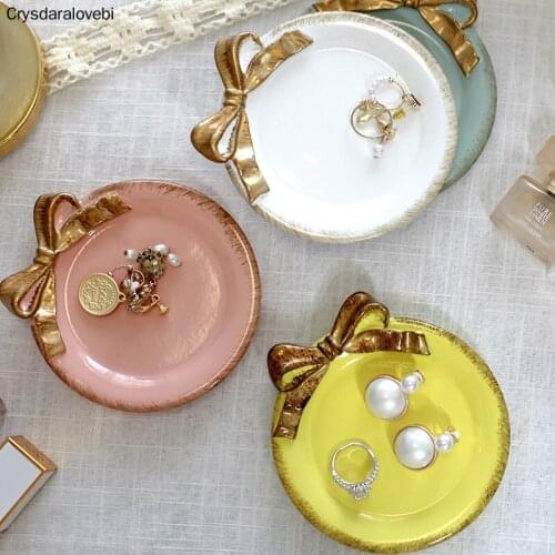 Nordic Mini Round Bow Cake Storage Trays Makeup Organizer Dessert Plate Decorative Tray for Kitchen Home Decor 10*10cm