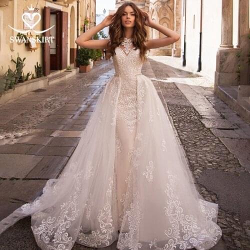 2 In 1 Detachable Train Wedding Dress 2021 Sleeveless Mermaid SwanSarah Appliques Crystal Belt Bride Gown Vestido De Noiva LZ07