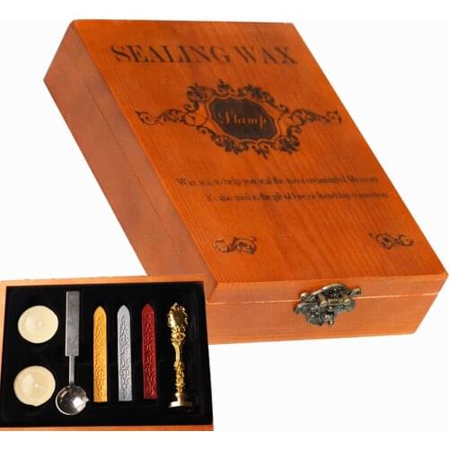 Wax Seal Stamp Kit, Vintage Stamp Seal Sealing Wax, Golden Handle Gift Wooden Box Gift Stamps Heads