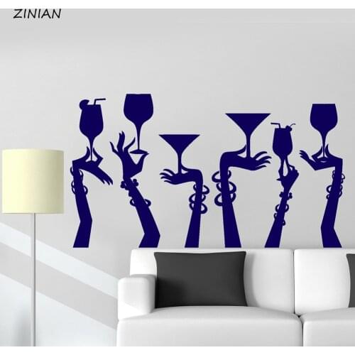 Woman Hands Cocktail Glass Wall Decals Party Bar Night Club Fashion Stickers Removable Creative Wall Sticker Kitchen Decor Z131