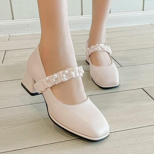 Designer Fashion Pearl Mary Janes Shoes Women High Heels Patent Leather Square Toe Comfort Chunky Heels Single Shoes Women Pumps