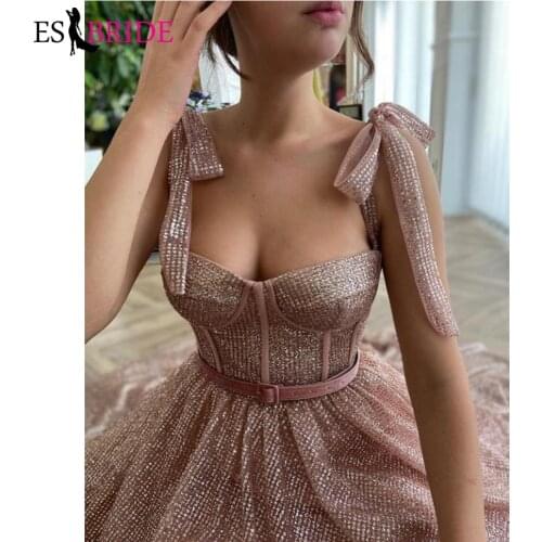 2021 New Design Sparkle Peach Pink Long Evening Dress A Line Heart Shape Neckline Boning Velvet Sash Glitter Prom Gowns