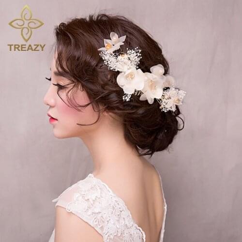 TREAZY 3Pcs/Set Bridal Hair Accessories Cream-colored Dried Flower Brides Hair Clip Hair Combs Handmade Wedding Hair Jewelry