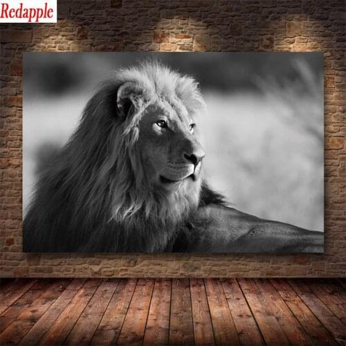 Diamond Mosaic Black and white animal art, lion round drill Cross Stitch Diamond Embroidery Painting Full Square Decor For Home
