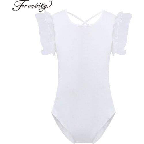 Children Girls Ruffled Mesh Sleeves Ballet Dance Gymnastics Leotard One-Piece Swimsuit Criss-cross Back Kids Practice Dance Wear