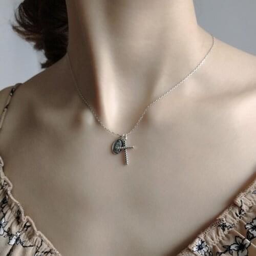 WTLTC Simple Virgin Mary Cross Chokers Necklaces for Women 925 Sterling Sliver Layered Necklaces Boho Coin Double Pendant Choker