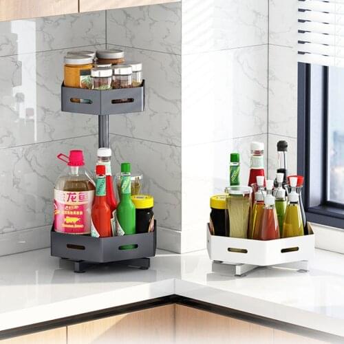 2 Tier Rotatable Stainless Steel Kitchen Storage Rack for Spice Seasoning Boxes Tools Gadgets Accessories Organizer Oil Can