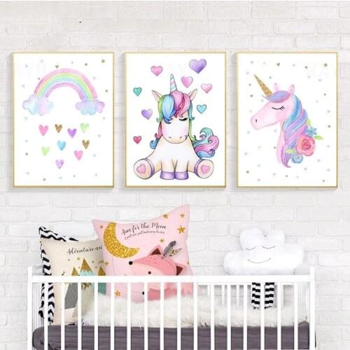 Unicorn Canvas Painting Nursery Posters Rainbow Heart Wall Art Print Baby Poster Nordic Wall Pictures For Baby Girl Room Decor