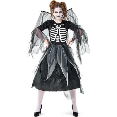 Carnival Halloween Lady Fallen Dark Angel Costume Horror Skull Skeleton Bone Raven Wings Cosplay Fancy Party Dress