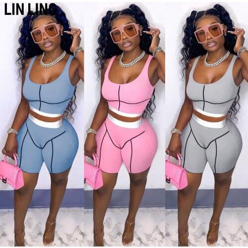 LINLING Womens Sexy Bodycon Tank Crop Top Shorts Sets Club 2 Piece Outfits Bright Line Decoration