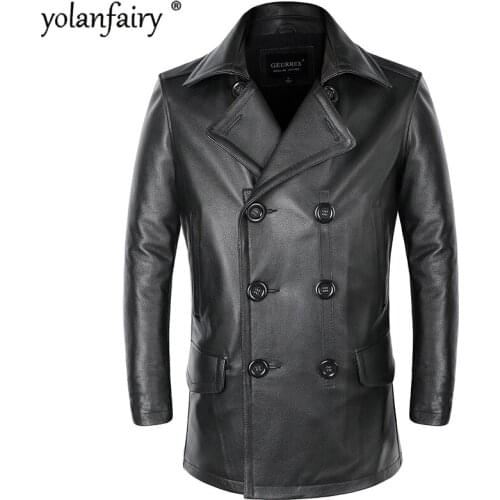100% Genuine Leather Jacket Men Cowhide Autumn Winter Coats Double-breasted Cow Leather Trench Coat Plus Size Men Clothing KJ