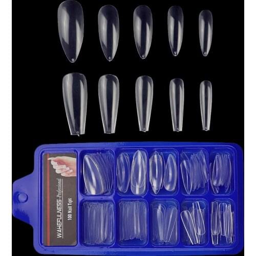 WAKEFULNESS 100Pcs Long Ballerina Fake Nails Coffin Stiletto Nail Art Tips ABS Full Cover Pointed Fasle Nails Manicure Charms