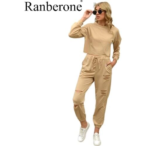 New Autumn And Winter Two Piece Female Sport Suit Long Sleeve Sweatshirt Hole Pocket Pants Fitness Sportswear Tracksuit Women