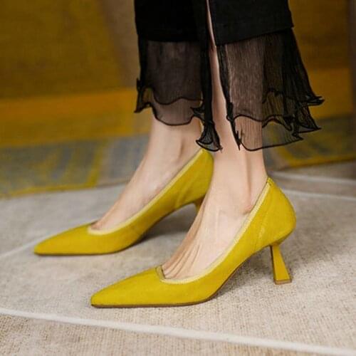 French Style Footwear Leather Concise Allstar Shoes Shallow Female‘s Office Pointed High Heels