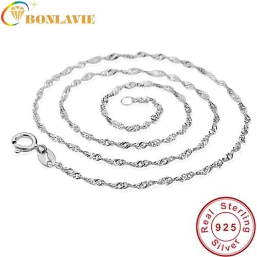 BONLAVIE 3 Sizes Available Real 925 Sterling Silver Water Wave Chain Necklace Pure S925 Luxury Fine Jewelry Necklace 40CM 45CM