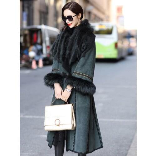 Jacket Leather Luxury Winter Coat Women Natural Wool Fur Coat Female Fox Fur Collar Sheepskin Coat Long Windbreaker MY