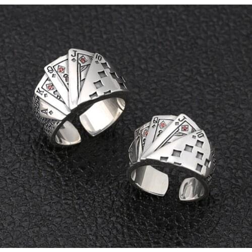 S925 pure silver creative fashion men and women couple ring personalized playing card jewelry retro classic Thai silver rings