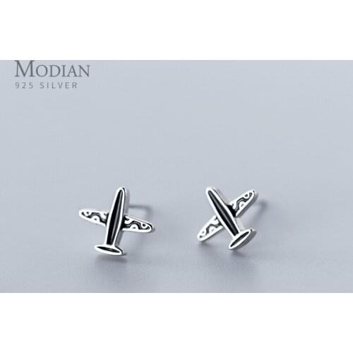 MODIAN Black Enamel Cute Little Airplane Stud Earring for Women 925 Sterling Silver Rose Gold Color Ear Pin Fashion Fine Jewelry