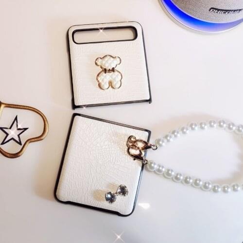 For Samsung Galaxy zflip folding mobile phone case f7070 f70005g bear pearl portable leather
