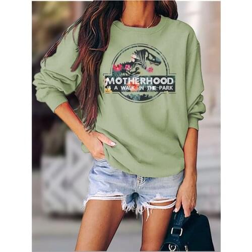 MOTHERHOOD IS A WALK IN THE PARK Letter Print Crewneck Sweatshirt Fall 2020 Dinosaur Head Graphic Women Hoodies Pullover Clothes