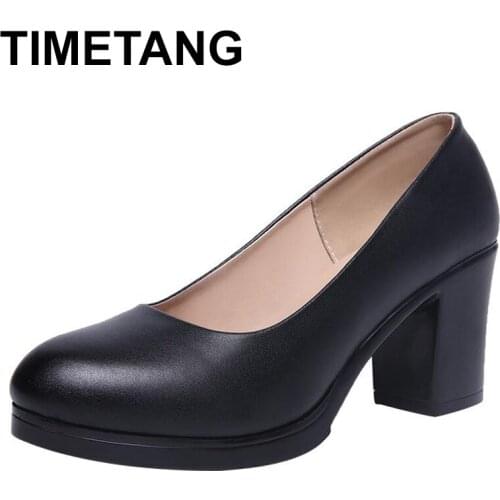 TIMETANGJob Interview Black Shoes Work Dress Round Head 35-43 Womens Pumps Thick Heels Large SizeE1328