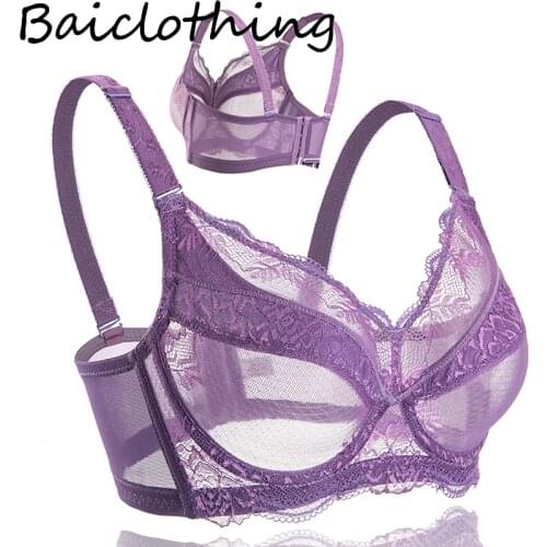 Comfortable Womens Full Coverage Underwire Lace Sheer Big Size Lace Bra Female Lingerie 34 36 38 40 42 44 46 48 B C D E F G H