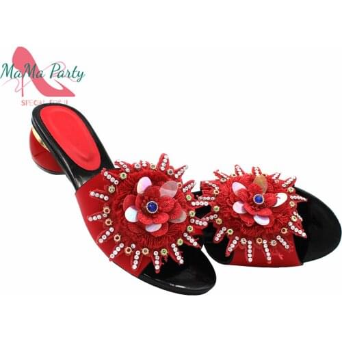 Retro Pu High Quality 2020 New Design Italian Women Shoes with Appliques African Ladies Slingbacks Slipper in Red Color
