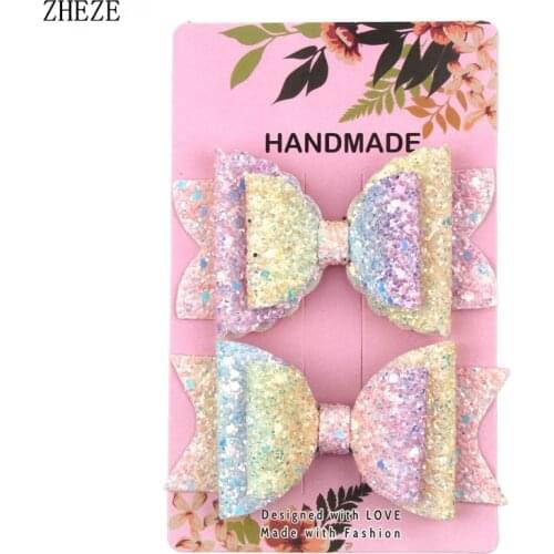 2Pcs/Lot NEW Rainbow Double Layer Bow Hairpins Children Girls Shiny Barrettes Headwear Accessories Leather Glitter Hair Clips