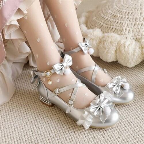 PXELENA Women Wedding Shoes Silver Gold Cross tied Low Heels Pumps Girls Bow Knot Lace Ruffles 2021 Spring Fall Plus Size 34-46