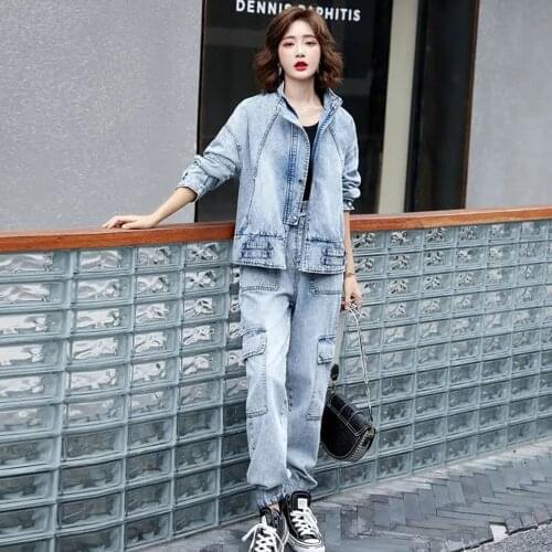 Women Denim Two Pieces Set Long Sleeve Jean Top Long Jeans Tracksuit Outfits High Quality Plus Size Set 2021 Casual Jeans Suit