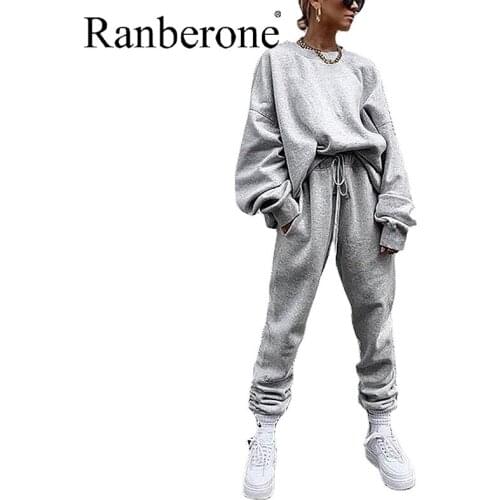 Ranberone Women Tracksuit Oversized Female Sweatshirt Elasticated Trousers Set Fall Winter Outfits Fashion Solid Sweatsuits 2020