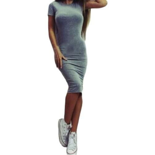 New Summer Short Sleeve Women Dress Solid Color O-Neck Tight Sexy LongSleeve Dress Female Middle Long Dresses Vestidos Plus Size