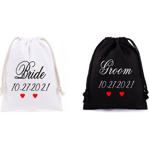 2pcs 25x32cm Personalized Bride Groom Wedding Gifts Bags Custom Name Party Accessory Canvas Drawstring Packing Bag