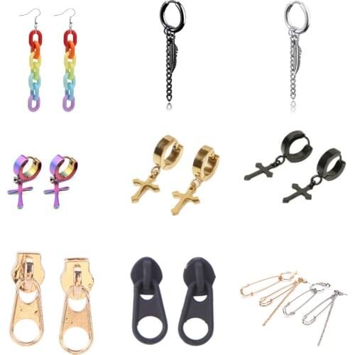 1Pair Tassel Asymmetric Pin Chain Earring Korean Exaggerate Safety Cross Zipper Earrings For Women Men Punk Dangle Jewelry