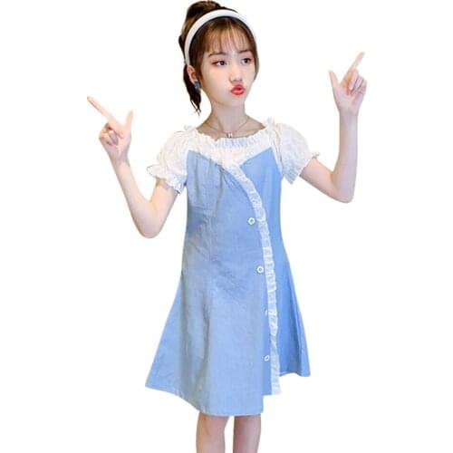 Girls Denim Dress Patchwork Dress For Girl 2021 Newest Dress Kids Summer Costume For Girls 6 8 10 12 14