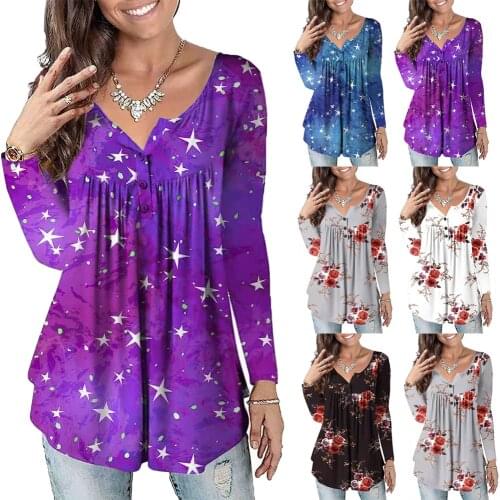 European and American new advantage imitation cotton fabric flower star printing open tube button V-neck long-sleeved T-shirt