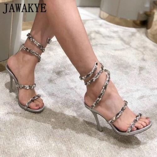 JAWAKYE Colorful Crystal Snake Ankle Circle Formal Sandals Woman Blingbling Open Toe 10cm Thin High Heels Fairy Wedding Sandals