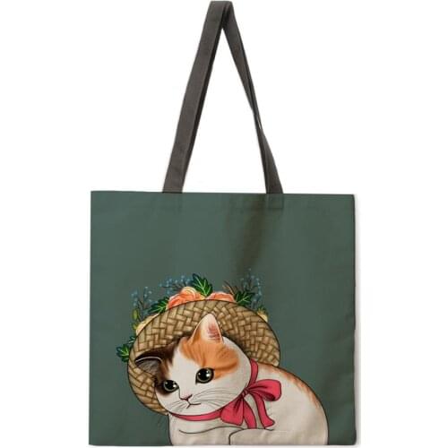 Tilted head cat linen tote bag beach bag lady shoulder bag foldable shopping bag reusable fashion bag